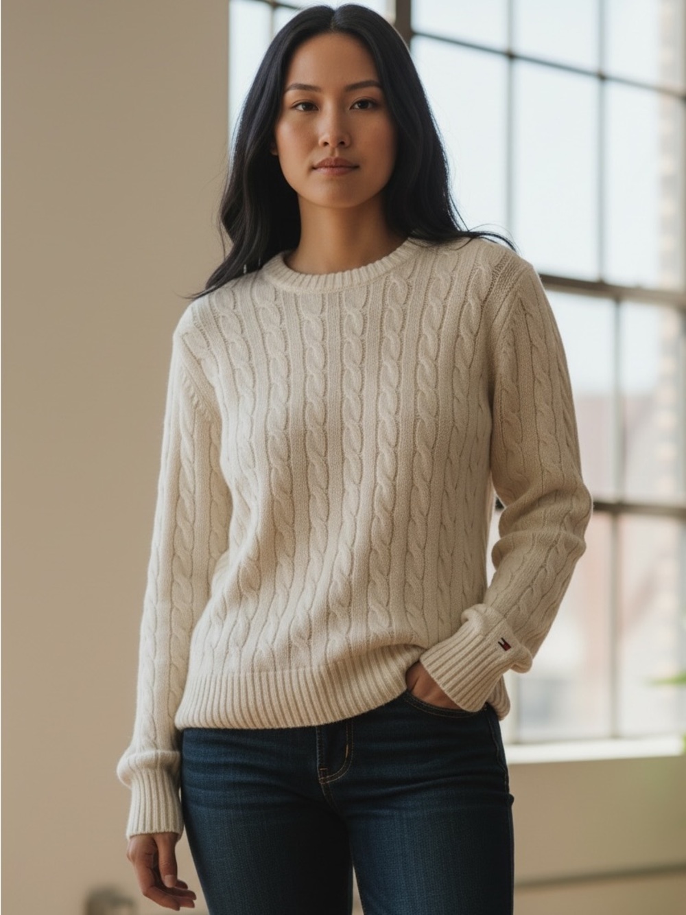 Tommy Hilfiger Ivory Cable Knit Crew Neck Sweater Size Small